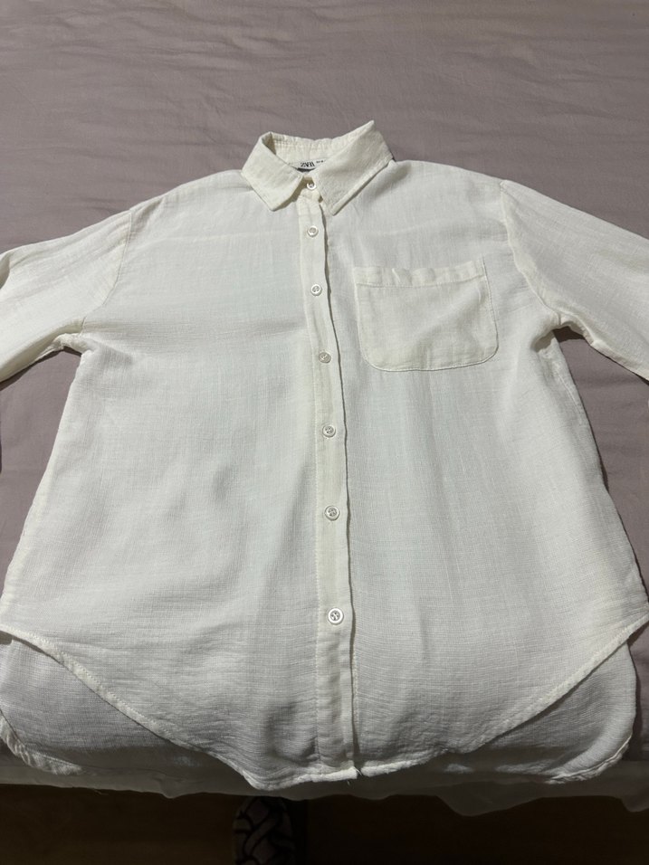 Zara Düğmeli Beyaz Keten Kadın Gömlek - Görsel 5