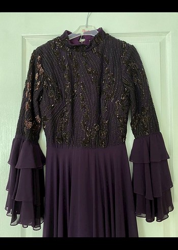 Mor İşlemeli Uzun Kollu Uzun Abiye Elbise - Görsel 4