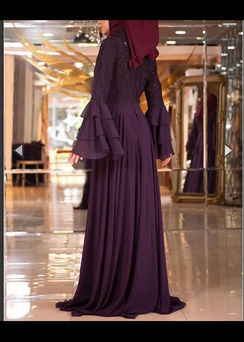 Mor İşlemeli Uzun Kollu Uzun Abiye Elbise - Görsel 2