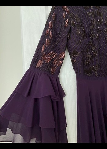 Mor İşlemeli Uzun Kollu Uzun Abiye Elbise - Görsel 5