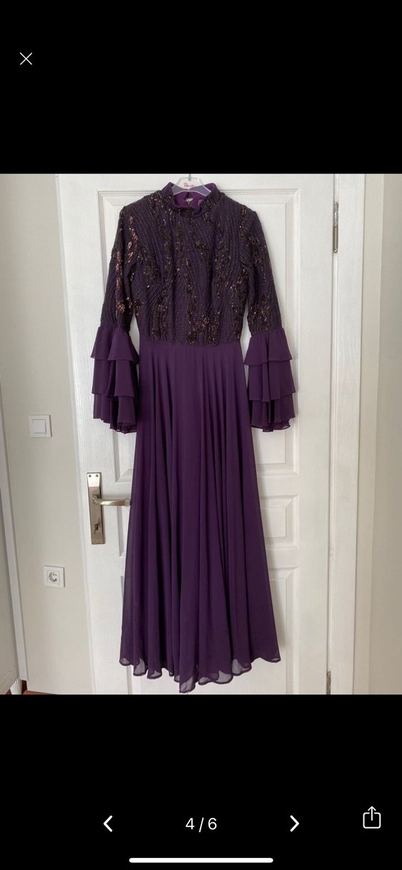 Mor İşlemeli Uzun Kollu Uzun Abiye Elbise - Görsel 3