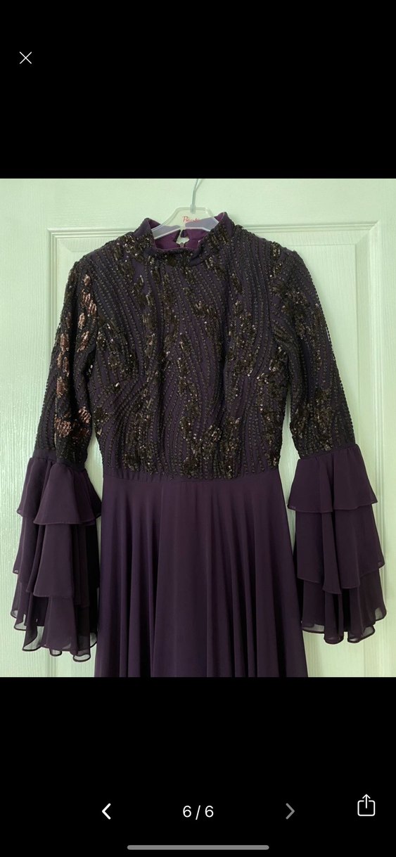 Mor İşlemeli Uzun Kollu Uzun Abiye Elbise - Görsel 4