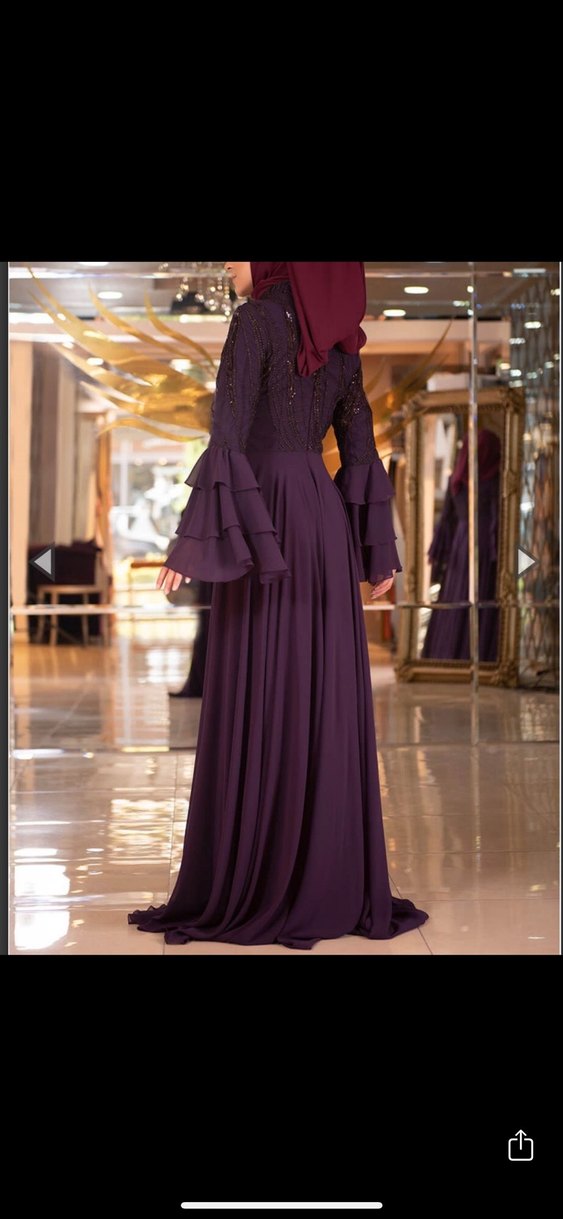 Mor İşlemeli Uzun Kollu Uzun Abiye Elbise - Görsel 2