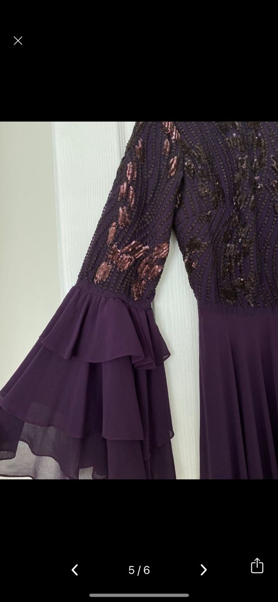 Mor İşlemeli Uzun Kollu Uzun Abiye Elbise - Görsel 5