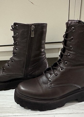 Kahverengi Deri Platform Topuklu Kadın Bot - Görsel 2