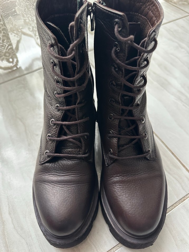 Kahverengi Deri Platform Topuklu Kadın Bot - Görsel 5