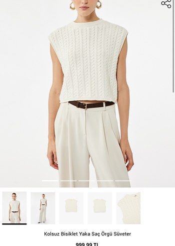 Kolsuz Bisiklet Yaka Saç Örgü Beyaz Süveter - Görsel 2