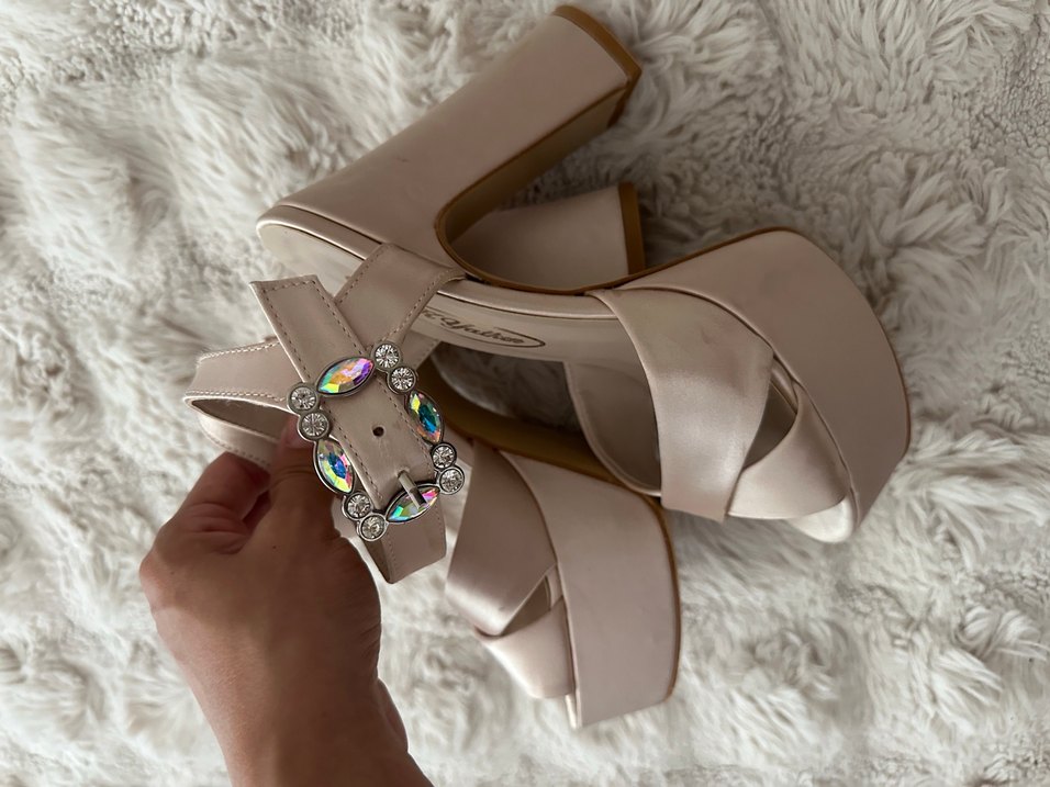 Lutvelizade Bej İpek görünümlü saten Platform Topuklu Ayakkabı - Görsel 4