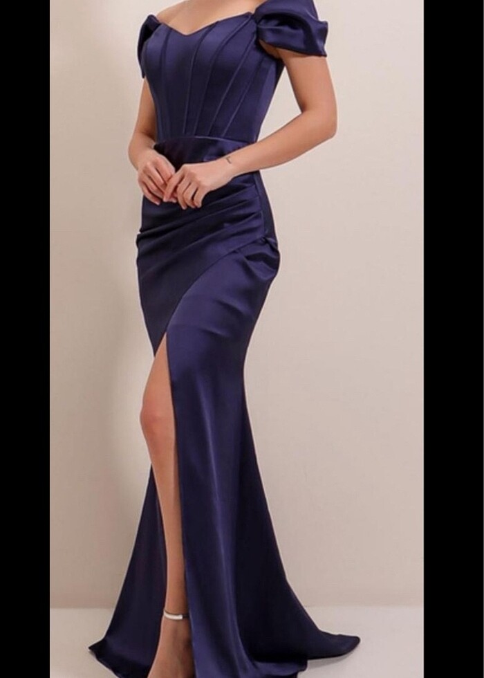 Lacivert Saten Abiye - Görsel 3