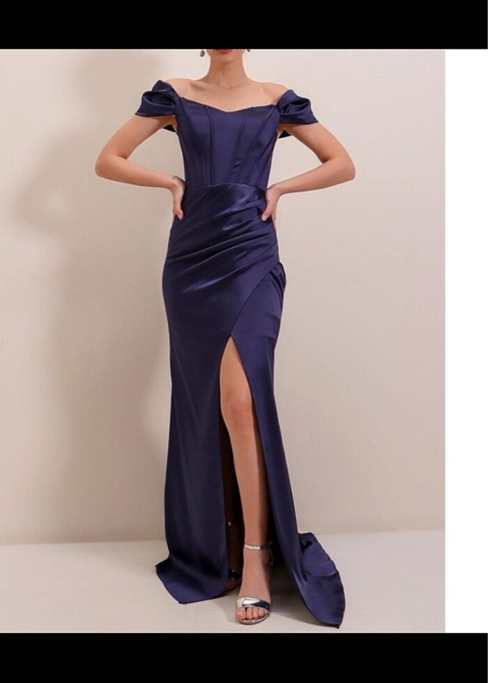 Lacivert Saten Abiye - Görsel 4