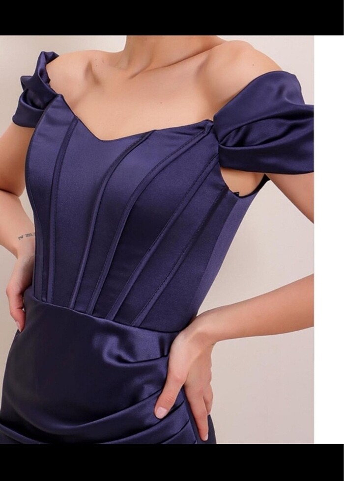 Lacivert Saten Abiye - Görsel 5