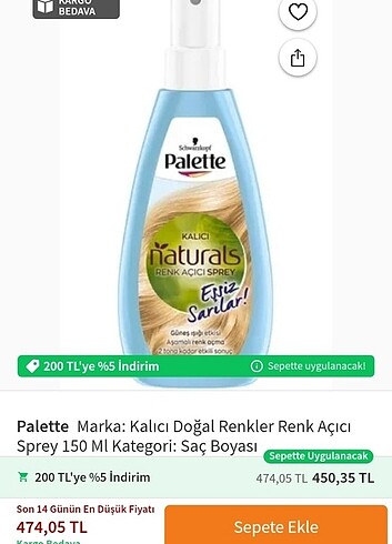 Palette Schwarzkopf Palette Kalıcı Doğal Renkler Renk Açıcı Spre