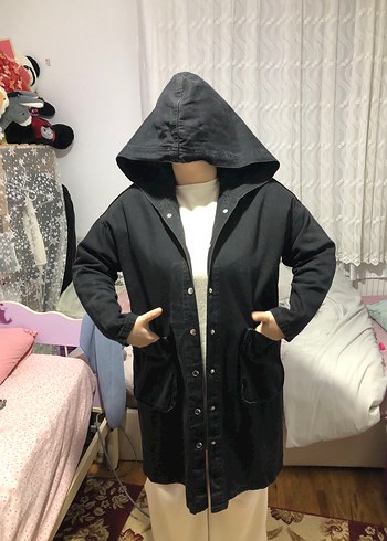 Düğmeli Siyah Kapüşonlu Kot Ceket - Görsel 2