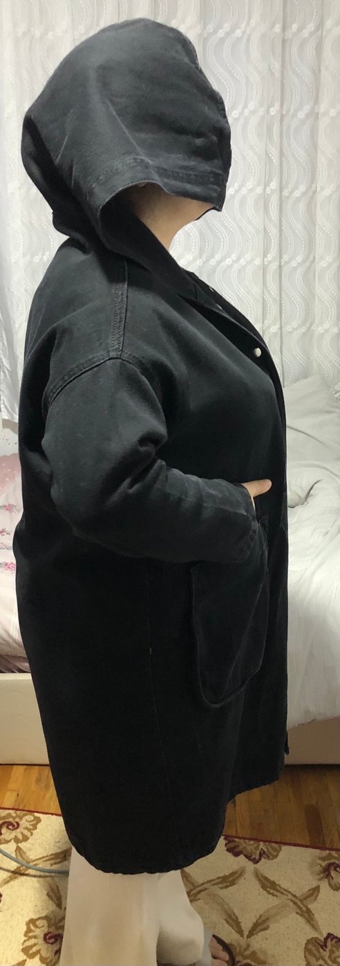 Düğmeli Siyah Kapüşonlu Kot Ceket - Görsel 3