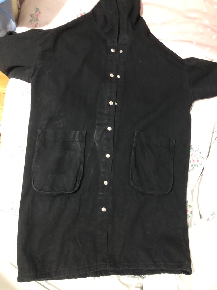 Düğmeli Siyah Kapüşonlu Kot Ceket - Görsel 5