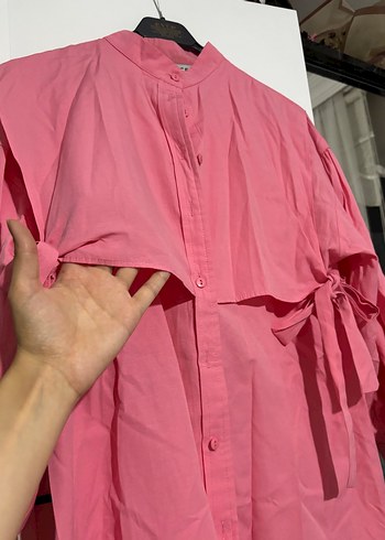 Pembe Uzun Kollu Kadın Keten Gömlek - Görsel 3