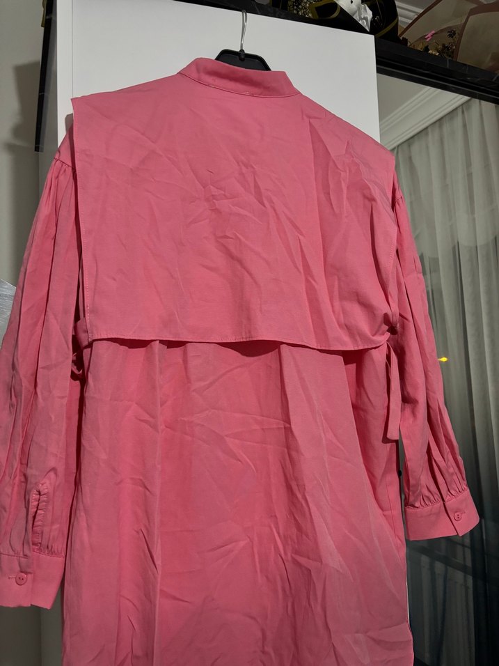 Pembe Uzun Kollu Kadın Keten Gömlek - Görsel 4
