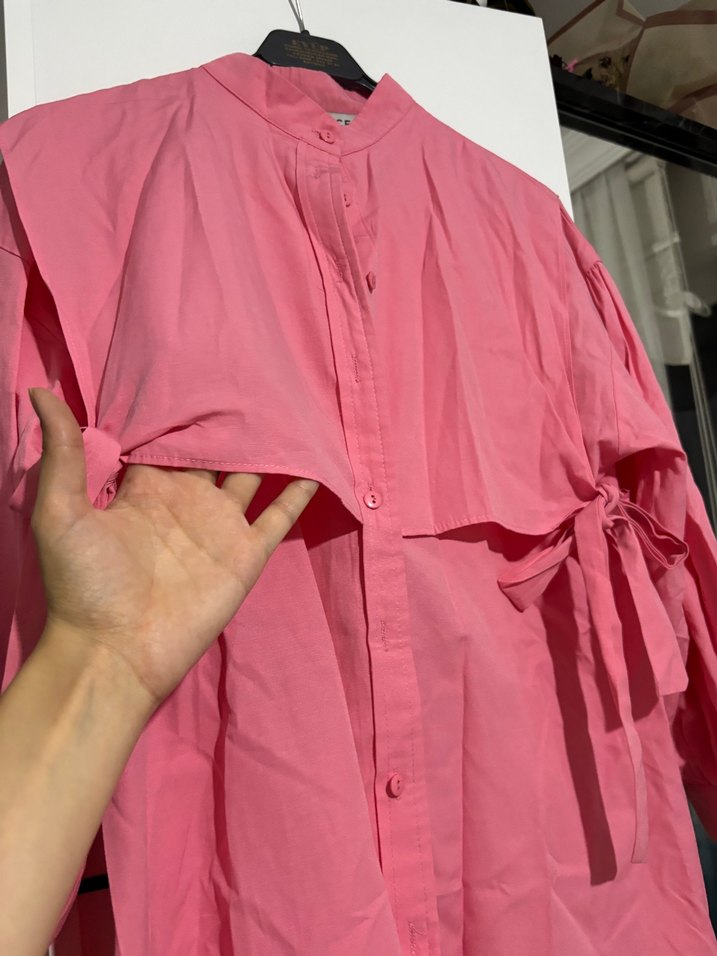 Pembe Uzun Kollu Kadın Keten Gömlek - Görsel 3