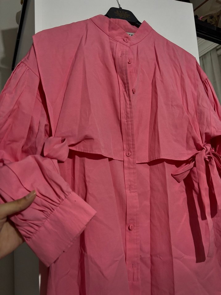 Pembe Uzun Kollu Kadın Keten Gömlek - Görsel 2