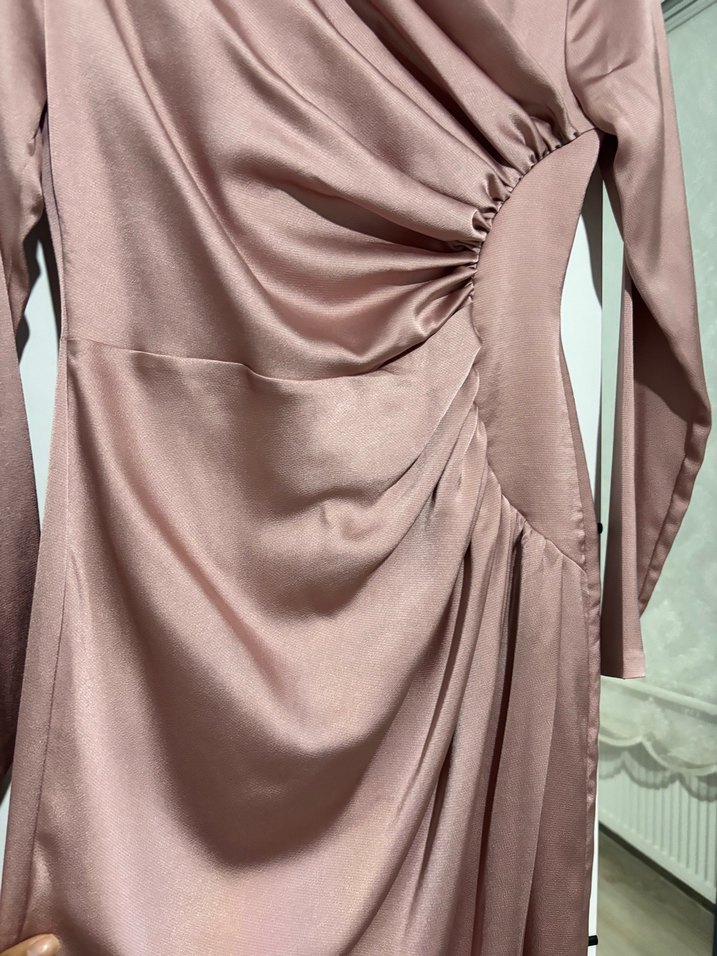 Saten Uzun Kollu Abiye Elbise - Görsel 3