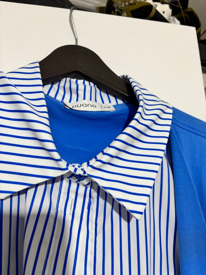 Mavi Çizgili Drapeli Kadın Gömlek - Görsel 2