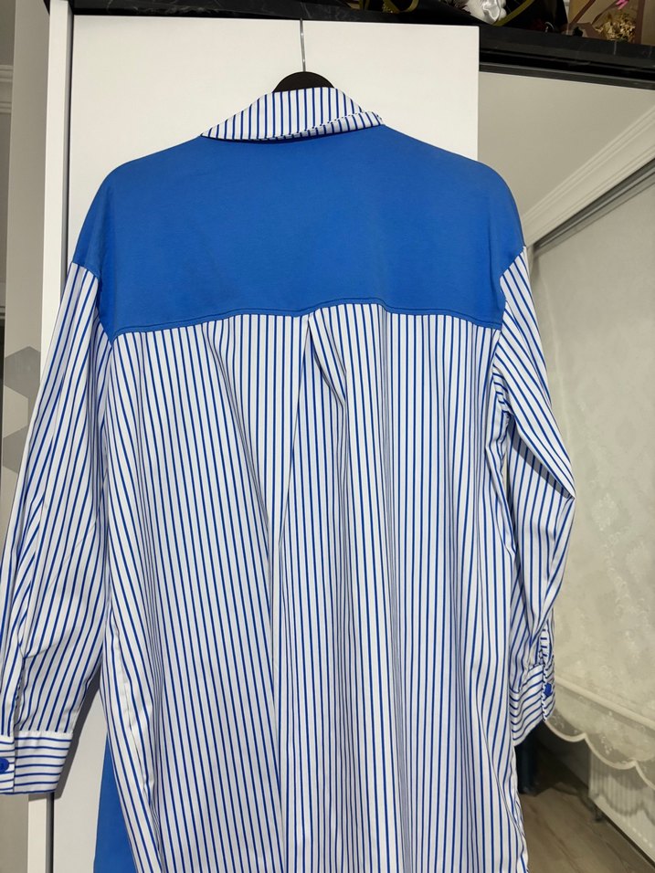 Mavi Çizgili Drapeli Kadın Gömlek - Görsel 4