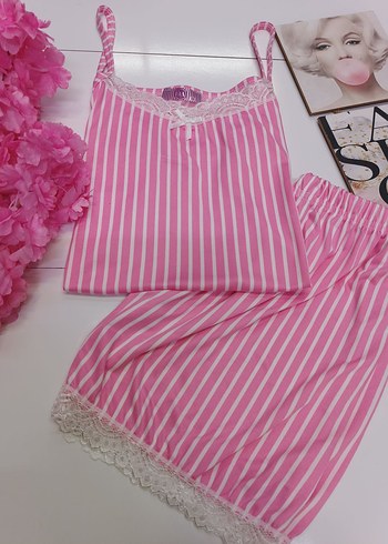 l Beden pembe Renk Pembe Çizgili İnce Askılı Mini Pijama Takımı