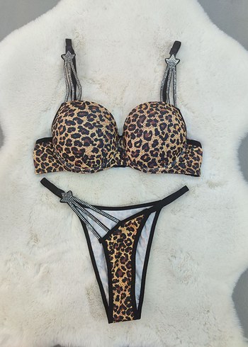 xl Beden Leopar Desenli Dolgulu Taşlı Sütyen ve Külot Takımı
