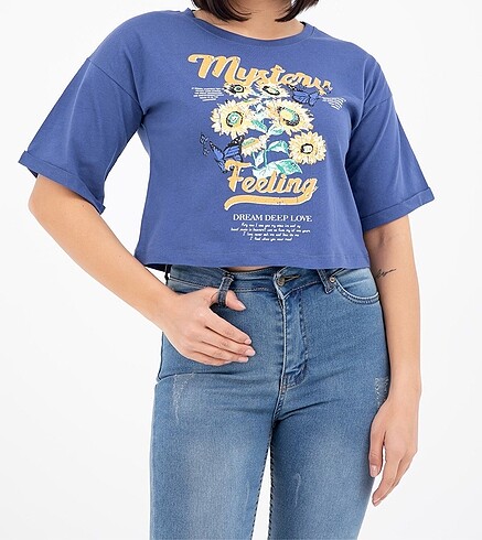 Baskılı oversize T-shirt (M beden) indigo renk