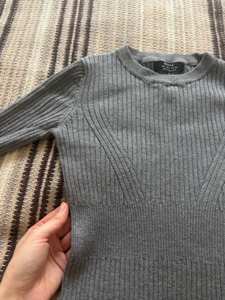 Gri Uzun Kollu Triko Elbise - Görsel 2