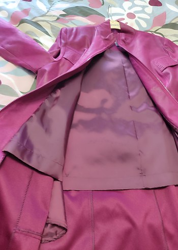 Parlak Mor Kadın Deri Uzun Yağmurluk - Görsel 5