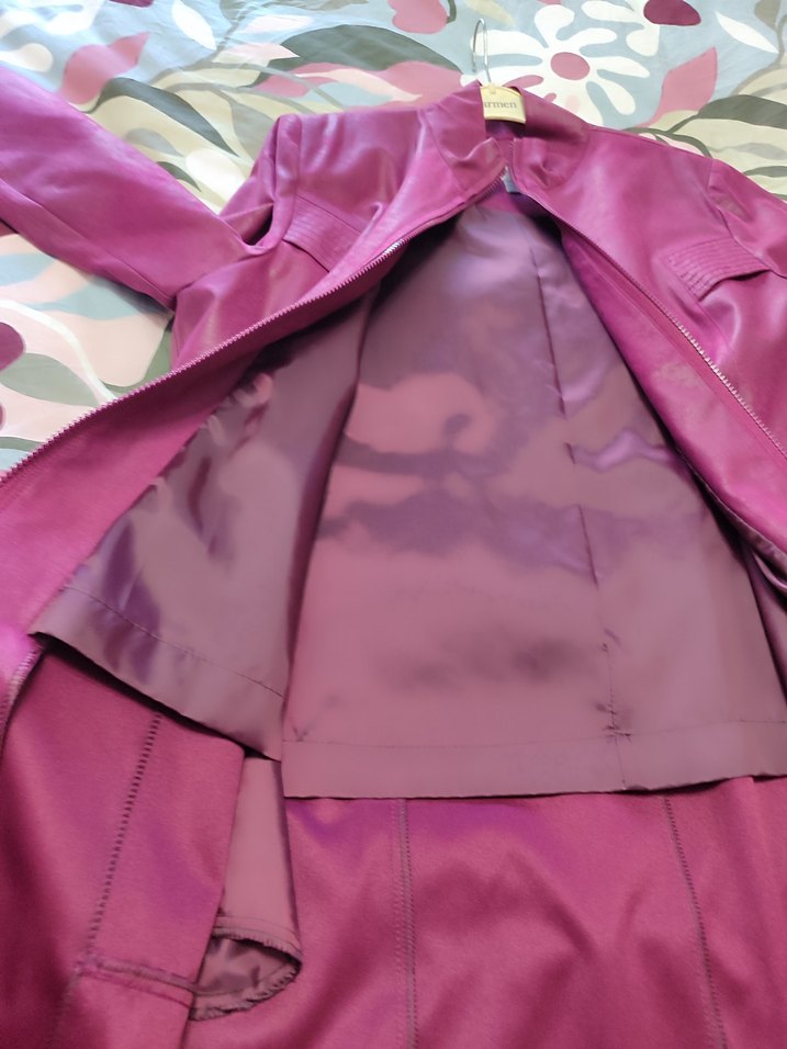 Parlak Mor Kadın Deri Uzun Yağmurluk - Görsel 5