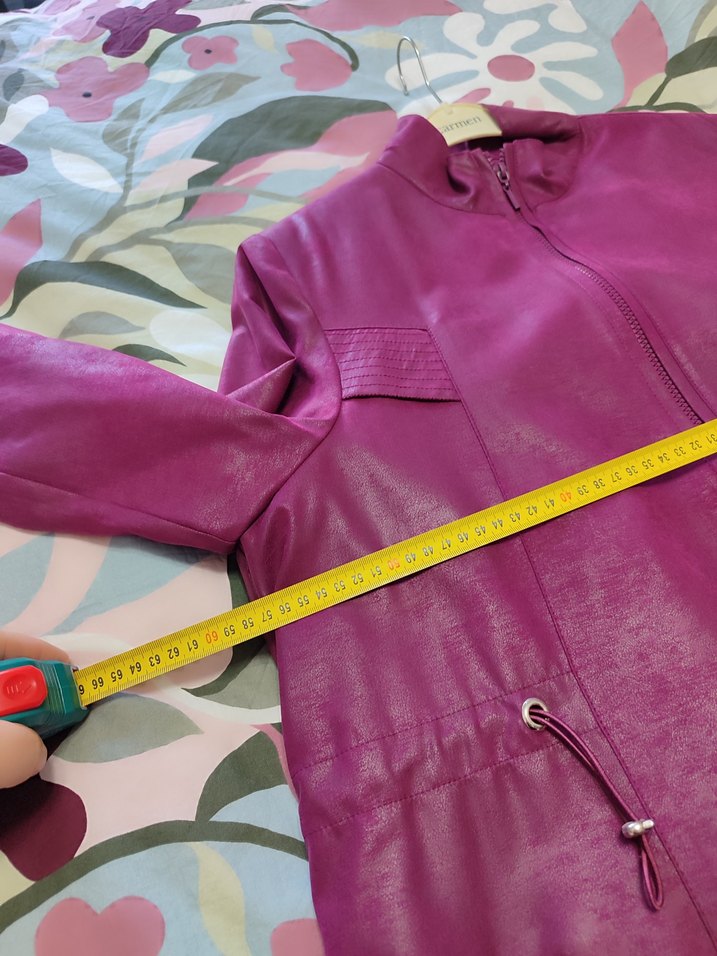 Parlak Mor Kadın Deri Uzun Yağmurluk - Görsel 3