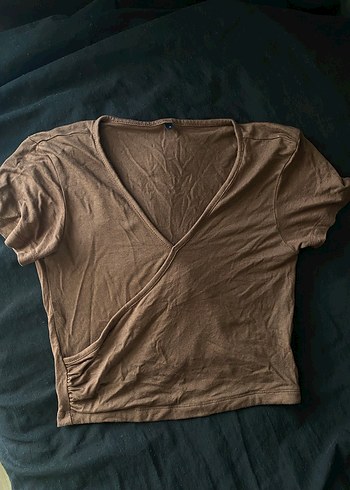 Kahverengi V Yaka Kadın Crop Top - Görsel 2