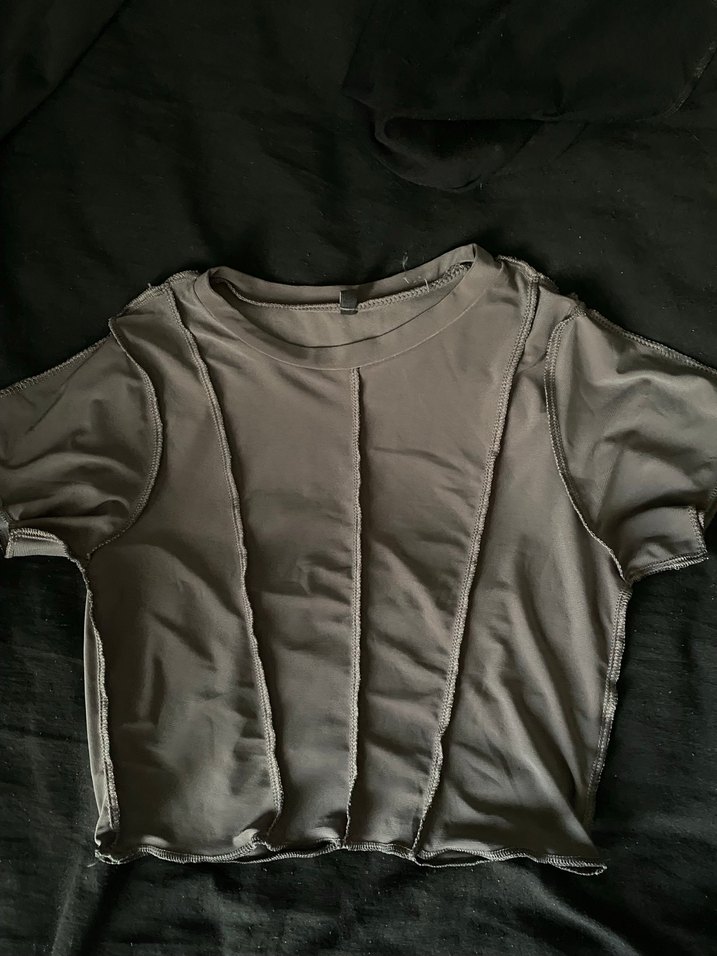 Gri Kısa Kollu Dikiş Detaylı Crop Üst - Görsel 2