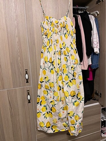 H&M Limon desenli uzun elbise Yazlık