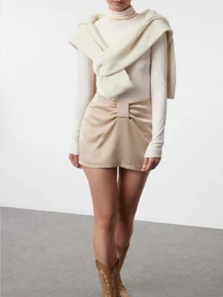 Bej Saten Mini Etek - Görsel 4