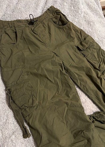 Kadın Haki Kamuflaj Keten Bol Kesim Kargo Pantolon - Görsel 2