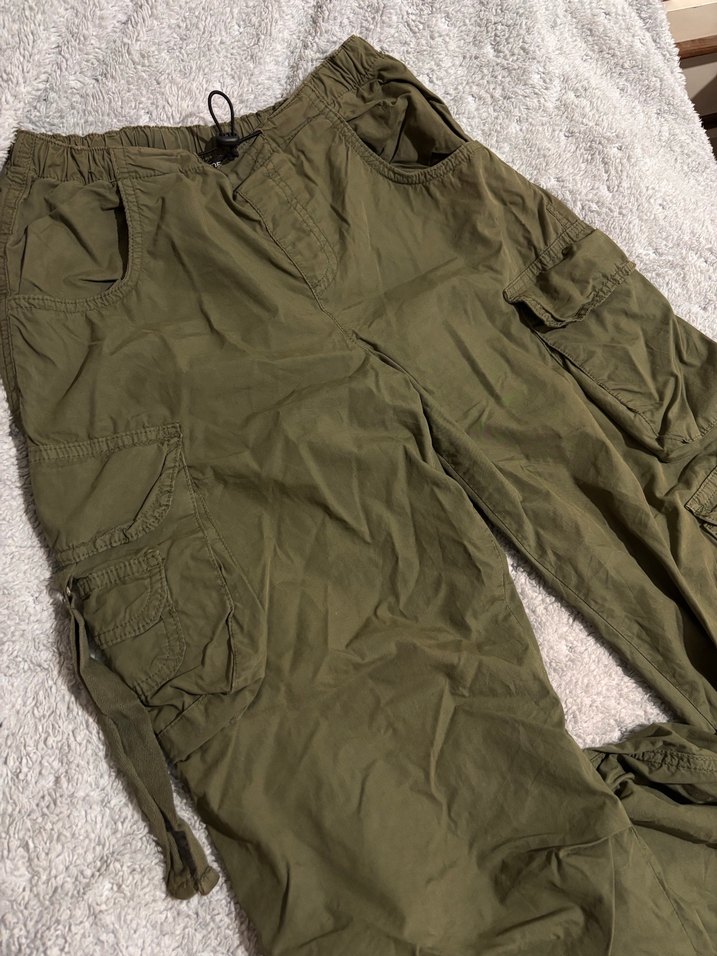 Kadın Haki Kamuflaj Keten Bol Kesim Kargo Pantolon - Görsel 2