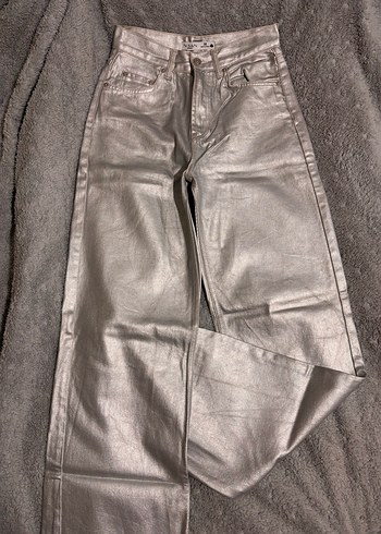 Gri Simli Kumaş Bol Paça Kot Pantolon - Görsel 2