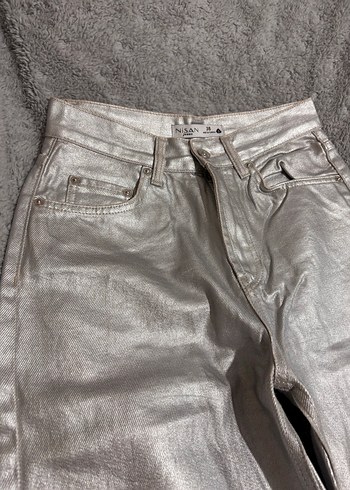 Gri Simli Kumaş Bol Paça Kot Pantolon - Görsel 3