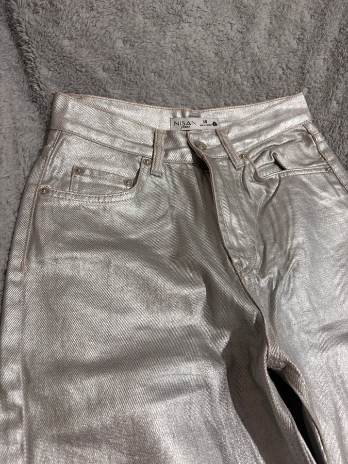 Gri Simli Kumaş Bol Paça Kot Pantolon - Görsel 3