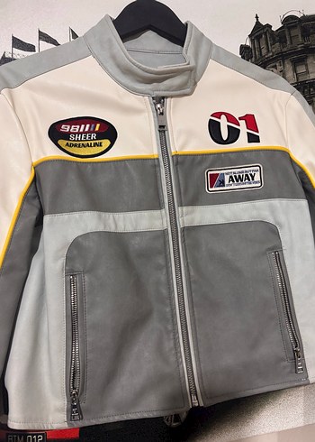 Gri Baskılı Kısa Deri Biker Ceket - Görsel 2