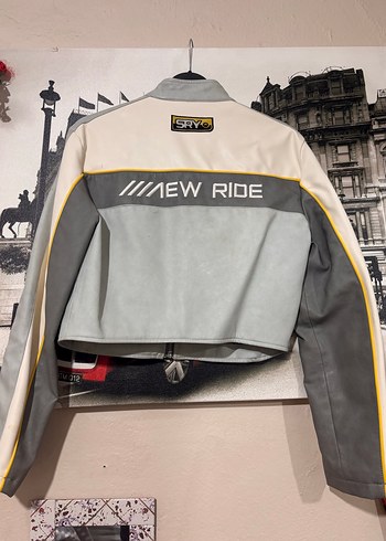 Gri Baskılı Kısa Deri Biker Ceket - Görsel 3