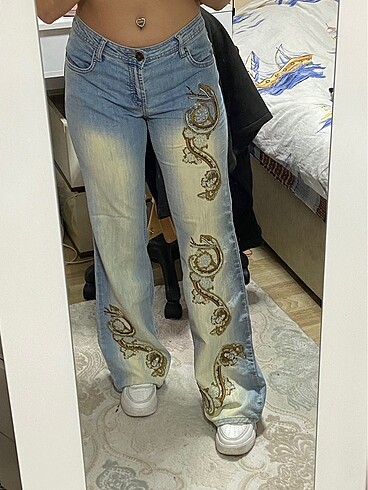 vintage boncuk işlemeli pantolon
