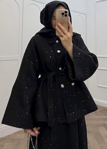 Kemerli Siyah Desenli Uzun Kadın Takım - Görsel 3