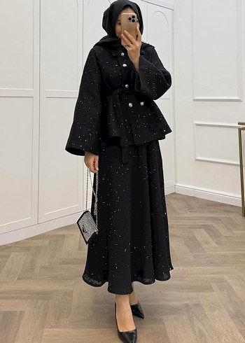 Kemerli Siyah Desenli Uzun Kadın Takım - Görsel 2