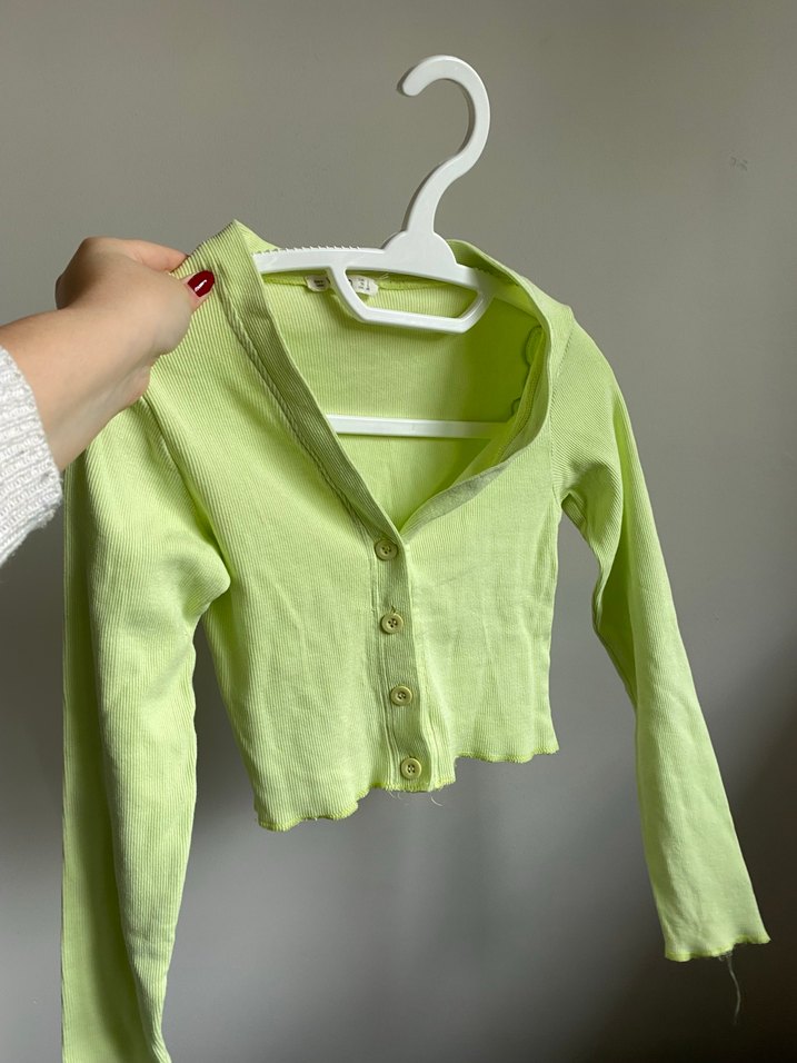 Kadın fıstık yeşili ince hırka - Görsel 2