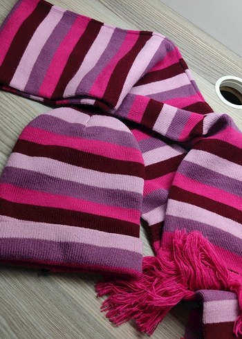 Renkli Çizgili Örgü Çocuk Bere ve Atkı Seti - Görsel 2