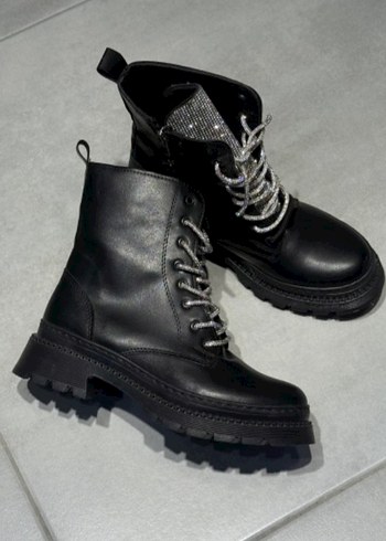 Siyah Deri Platform Topuklu Punk Bot